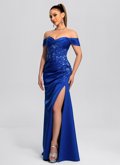 Skede Off-shoulder Gulvlængde Satin Balkjole med Plisseret pailletter Applikationer Lace 