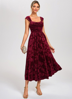 Jacquard Cowl Square Sleeveless A-line Velvet Midi Dress 