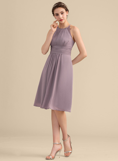 A-formet Scoop Hals Knelengde Chiffong Blonder Brudepikekjole med Frynse 