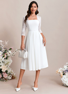 A-line Square Tea-Length Lace Stretch Crepe Wedding Dress 