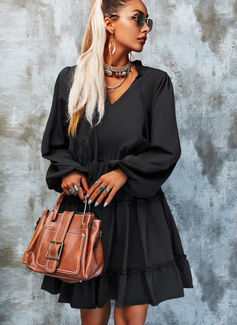 固体 Aラインワンピース 長袖 ミニ リトルブラックドレス カジュアル スケーター ファッションドレス Dressfirst