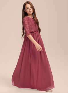 A-line kjole Scoop Gulvlengde Chiffon Brudepikekjole ungdom med Plissert 