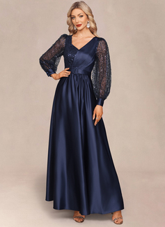 A-line V-Neck Floor-Length Tulle Sequin Satin Evening Dress 