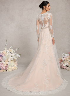 A-line V-Neck Court Train Lace Tulle Maternity Dresses With Beading 