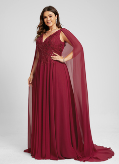 A-Linien-Kleid V-Ausschnitt Pinsel-Schleppe Spitze Chiffon Abendkleid mit Cape-Ärmel Pailletten 