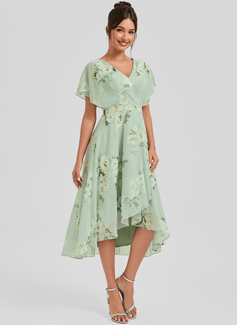 A-line V-Neck Asymmetrical Chiffon Bridesmaid Dress With Ruffle 