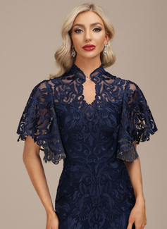 Linjeform høy Hals Illusjon Gulvlengde Blonder Festkjole 