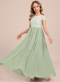 A-Linien-Kleid Rundhals Bodenlang Chiffon Spitze Kleider für junge Brautjungfern 