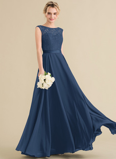 A-Linien-Kleid Rundhals Bodenlang Chiffon Spitze Brautjungfernkleid mit Schleife 