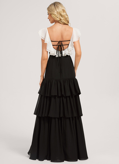A-line Scoop Floor-Length Chiffon Bridesmaid Dress With Cascading Ruffles Black and White 