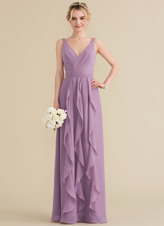 A-formet V-hals Gulvlengde Chiffong Brudepikekjole med Brusende Volanger 