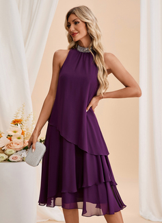 Cascading Ruffles Sequins High Neck Sleeveless A-line Chiffon Midi Dress 
