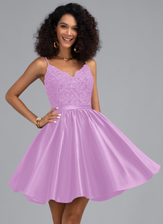 A-Linien-Kleid V-Ausschnitt Kurz Spitze Satin Cocktailkleid mit Perlen 