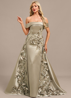 Sheath/Column Off the Shoulder Detachable Floor-Length Satin Evening Dress With Beading Overskirt 3D Floral Sequins Appliques Lace 