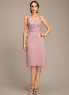 A-line Square Knee-Length Satin Lace Mother of the Bride Dress With Pleated Sequins 