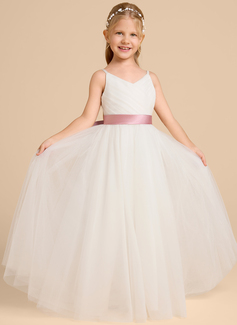 A-line kjole V-hals Gulvlengde Tyll Sateng Brudepikekjole barn med Bånd 