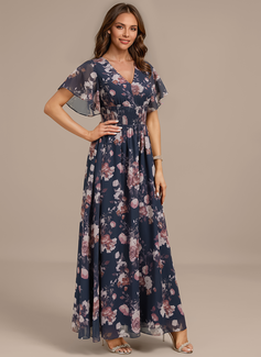 A-line V-Neck Floor-Length Chiffon Evening Dress With Smocked Floral Print 