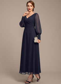 A-line V-Neck Collared Ankle-Length Chiffon Mother of the Bride Dress With Pleated 