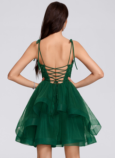 A-line Square Short Lace Tulle Homecoming Dress With Bow 