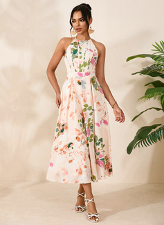 Floral Print Halter Sleeveless A-line Printed Fabric Midi Dress 