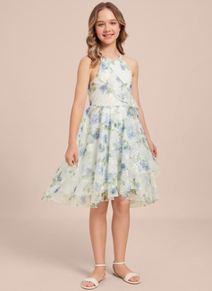 A-Linien-Kleid Neckholder Vokuhila Blumenmuster Kleider für junge Brautjungfern 