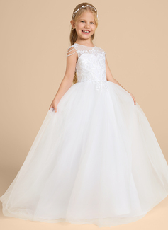 Prinzessin Rundhals Bodenlang Spitze Satin Tüll Blumenmädchenkleid mit Perlen 