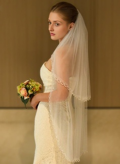 Beading Cut Edge Two Tier Tulle Bridal Fingertip Length Wedding Veils With Blusher 