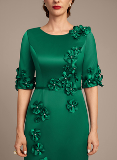 Sheath/Column Scoop Tea-Length Silky Satin Mother of the Bride Dress With Beading 3D Floral 