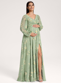 A-line V-Neck Floor-Length Chiffon Maternity Dresses With Ruffle 