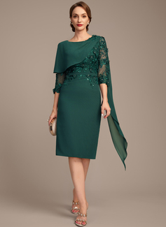 Sheath/Column Scoop Knee-Length Chiffon Lace Mother of the Bride Dress With Beading Cape 3D Floral 