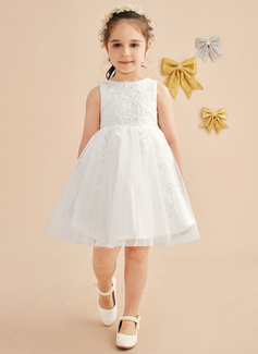 A-Linien-Kleid Rundhals Knielang Spitze Satin Tüll Futter aus 100% Baumwolle Blumenmädchenkleid 