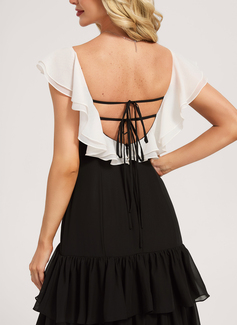 A-line Scoop Floor-Length Chiffon Bridesmaid Dress With Cascading Ruffles Black and White 