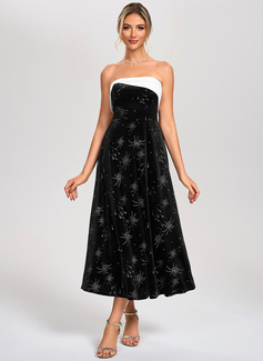 Black and White Straight Strapless A-line Velvet Midi Dress 