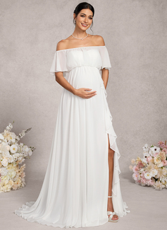 A-line Off the Shoulder Sweep Train Chiffon Maternity Dresses With Cascading Ruffles 