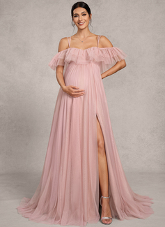 A-line Off the Shoulder Sweep Train Tulle Maternity Dresses With Ruffle 