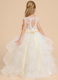 Prinzessin Rundhals Bodenlang Satin Tüll Spitze Blumenmädchenkleid mit Schleife 