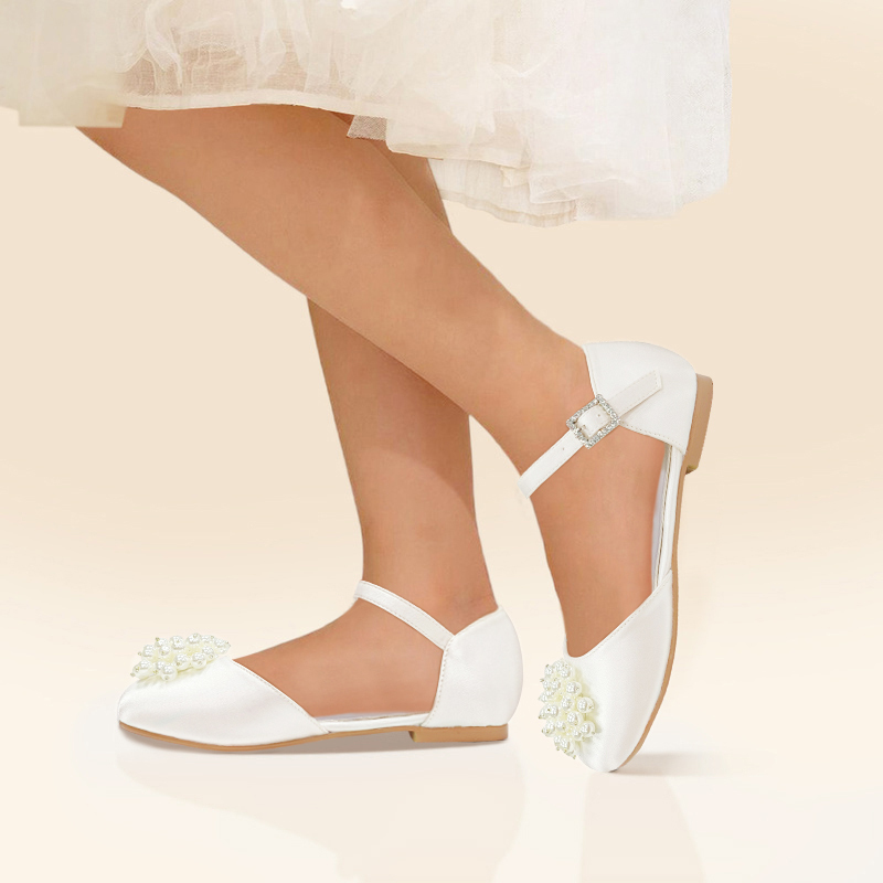 Girl's Flower Girl Shoes Wedding Pearl Satin Round Toe Flat Heel Shoes 