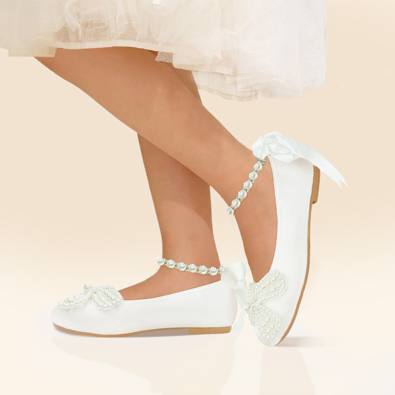 Girl's Flower Girl Shoes Wedding Pearl Ribbon Tie Satin Round Toe Flat Heel Shoes 