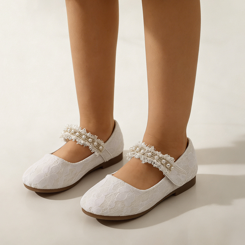 Girl's Flats Wedding Pearl Faux Leather Round Toe Flat Heel Shoes
