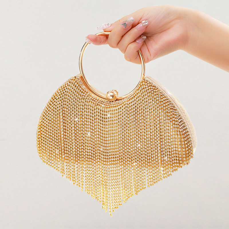 Rhinestone Tassels Party Polyester Evening Bags in Gold 