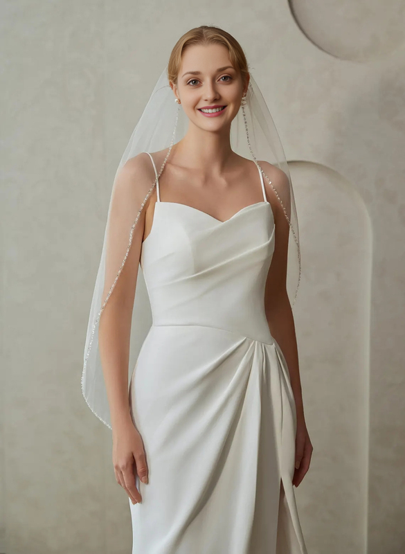 Beading Cut Edge Single Tier Bridal Fingertip Length 39" Wedding Veils 