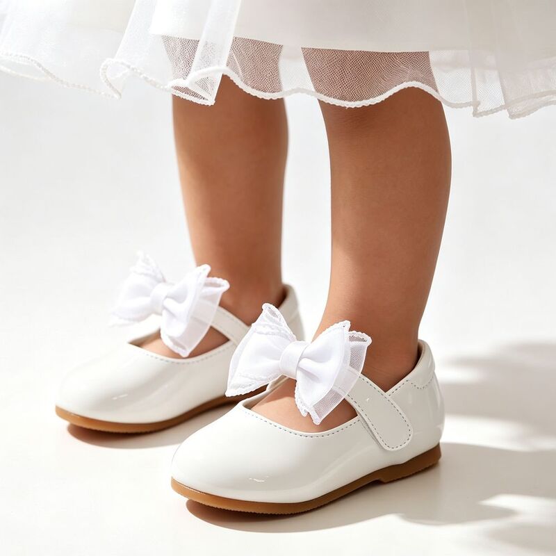 Jentas Round Toe Lukket Tå Leather flat Heel Flate sko Flower Girl Shoes med Bowknot Velcro 