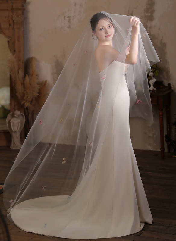 Pearl Butterfly Cut Edge Single Tier Bridal Cathedral Length 118" Wedding Veils 