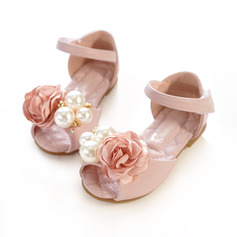 Girl's Sandals Flower Girl Shoes Wedding Party Junior Bridesmaid Shoes Flower Pearl Faux Leather Peep Toe Flat Heel Shoes 