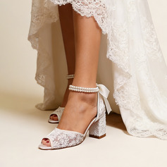 Damen Brautschuhe Satin Blockabsatz Peep Toe Brautsandalen Brautschuhe Elegant Perlen Satin Schnürsenkel Spitze Hochzeit Party Abschlussball Abend Schuhe 