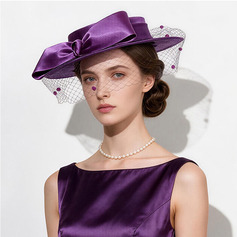 Women's Flat Brim Birdcage Veil Bow Satin Tea Party Boater With Comb