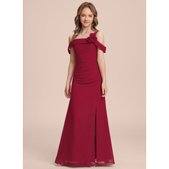 A-line kjole Kald skulder Gulvlengde Chiffon Brudepikekjole ungdom med Plissert