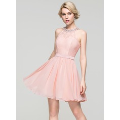 A-Line Scoop Neck Short/Mini Chiffon Homecoming Dress With Beading Sequins Bow(s) (022087597)