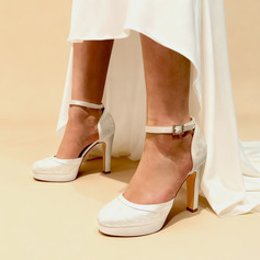 Vrouwen bruidsschoenen kant satijn hoge hak plateau ronde teen bruiloft hakken bruidsmeisje schoenen elegant huwelijk feest avond schoenen 