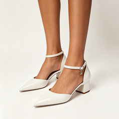 Mulher saltos tira tornozelo casamento simples couro brilhante salto grosso biqueira pontiaguda cor sólida fivela sapatos